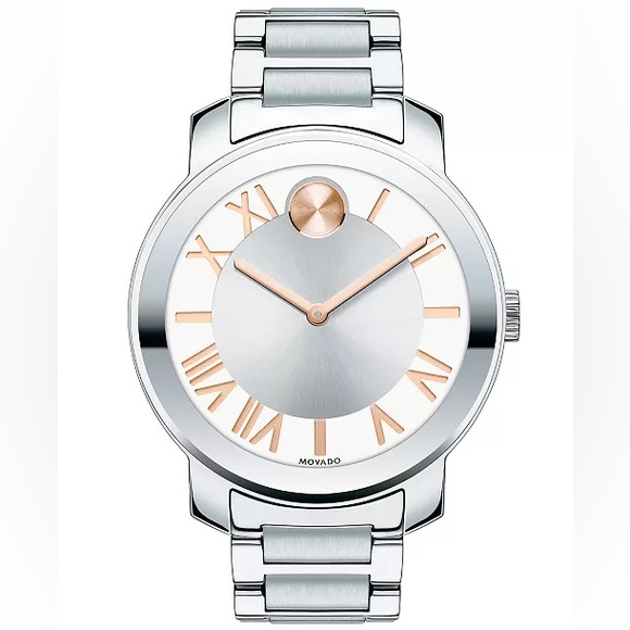 Movado Swiss Bold Roman Silver Stainless Steel Bracelet Watch 39mm Rose Gold Lux